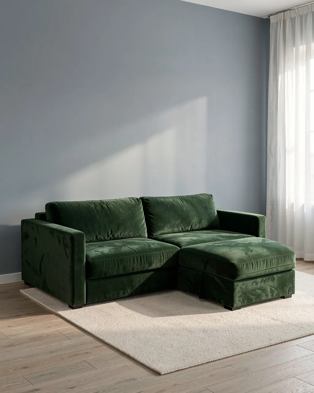 The velvet modular sofa in moss green, with its chaise