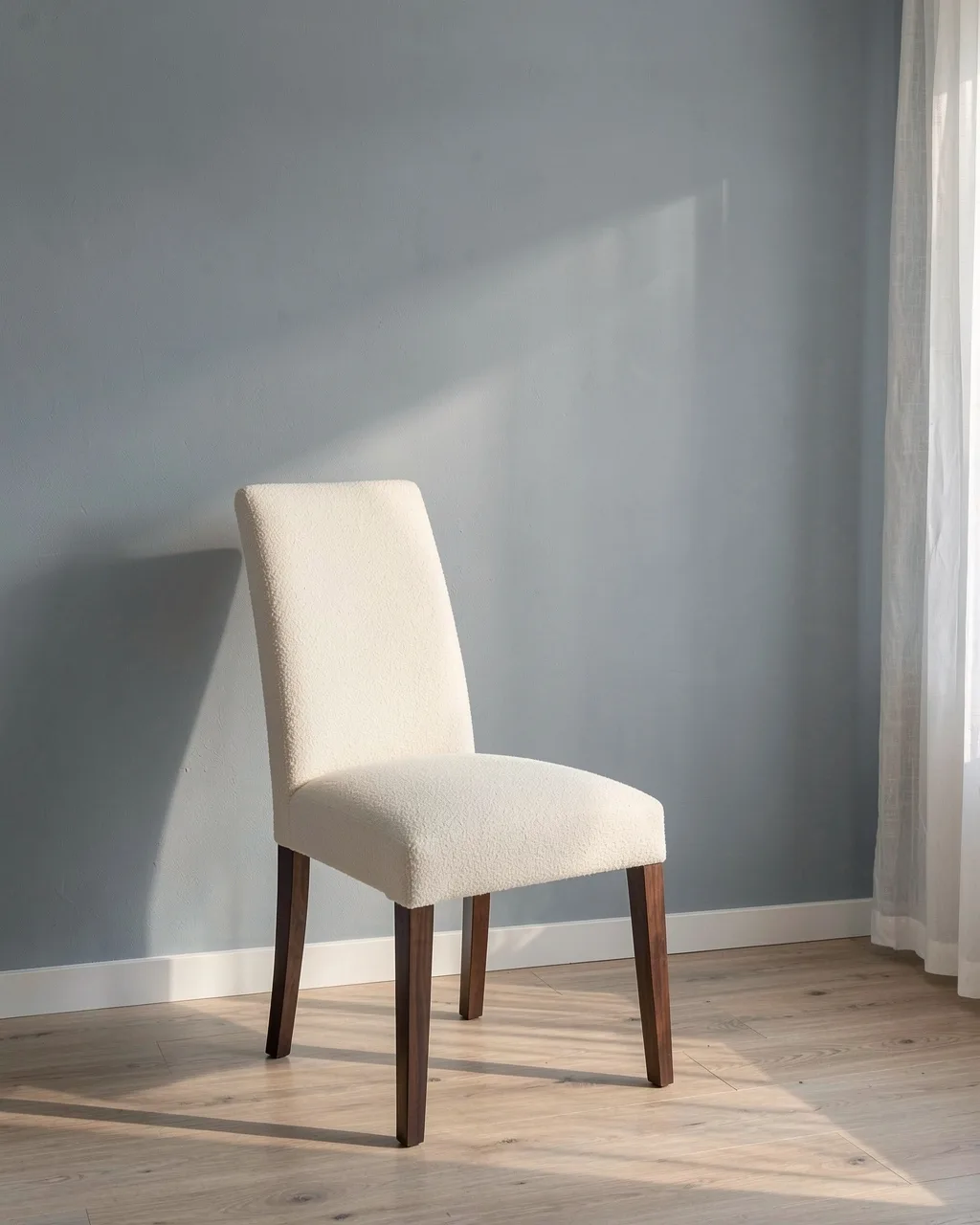A cream bouclé dining chair on walnut legs