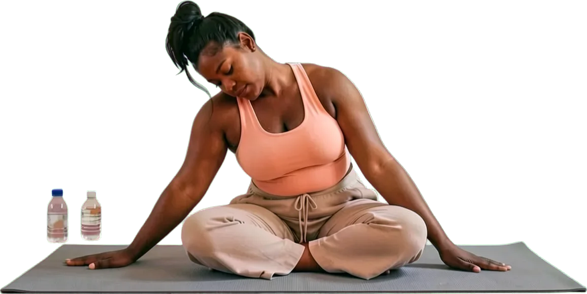A dancer in a side stretch on a mat, two water bottles beside her
