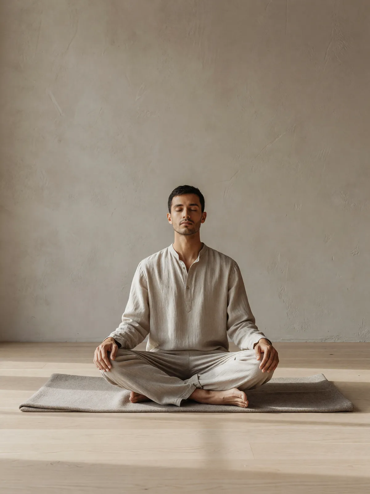 A man sitting cross-legged on a folded blanket, eyes closed