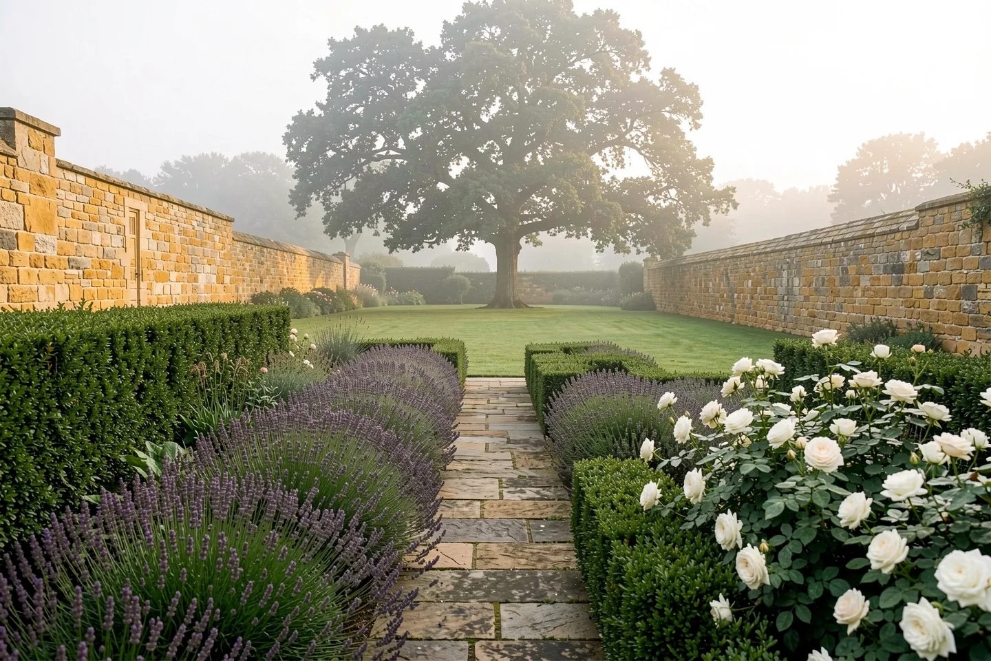 A walled garden with a stone path, lavender, roses and an oak