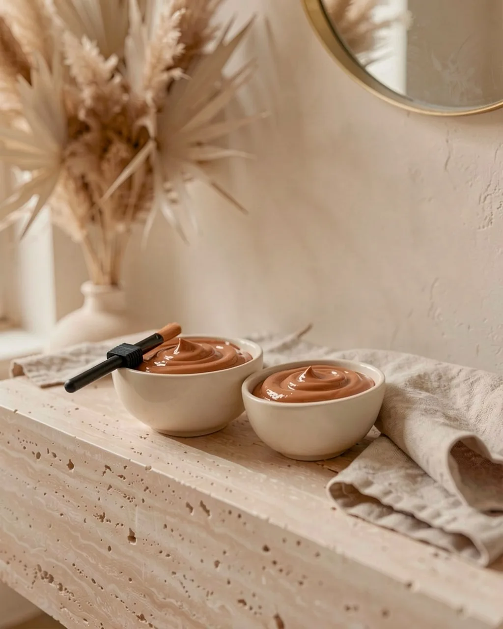 Two bowls of copper colour and a tint brush on the travertine ledge