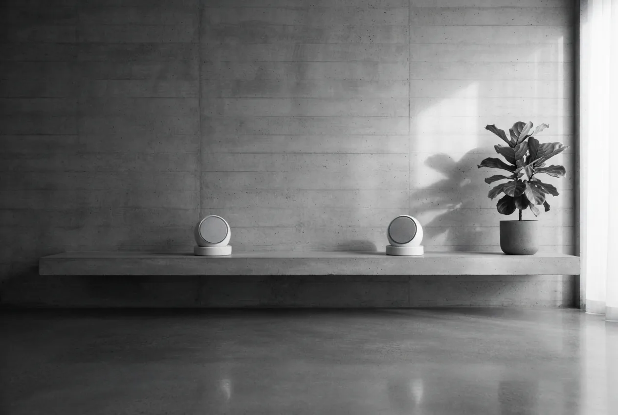 Two white Ones on a concrete shelf in a quiet room