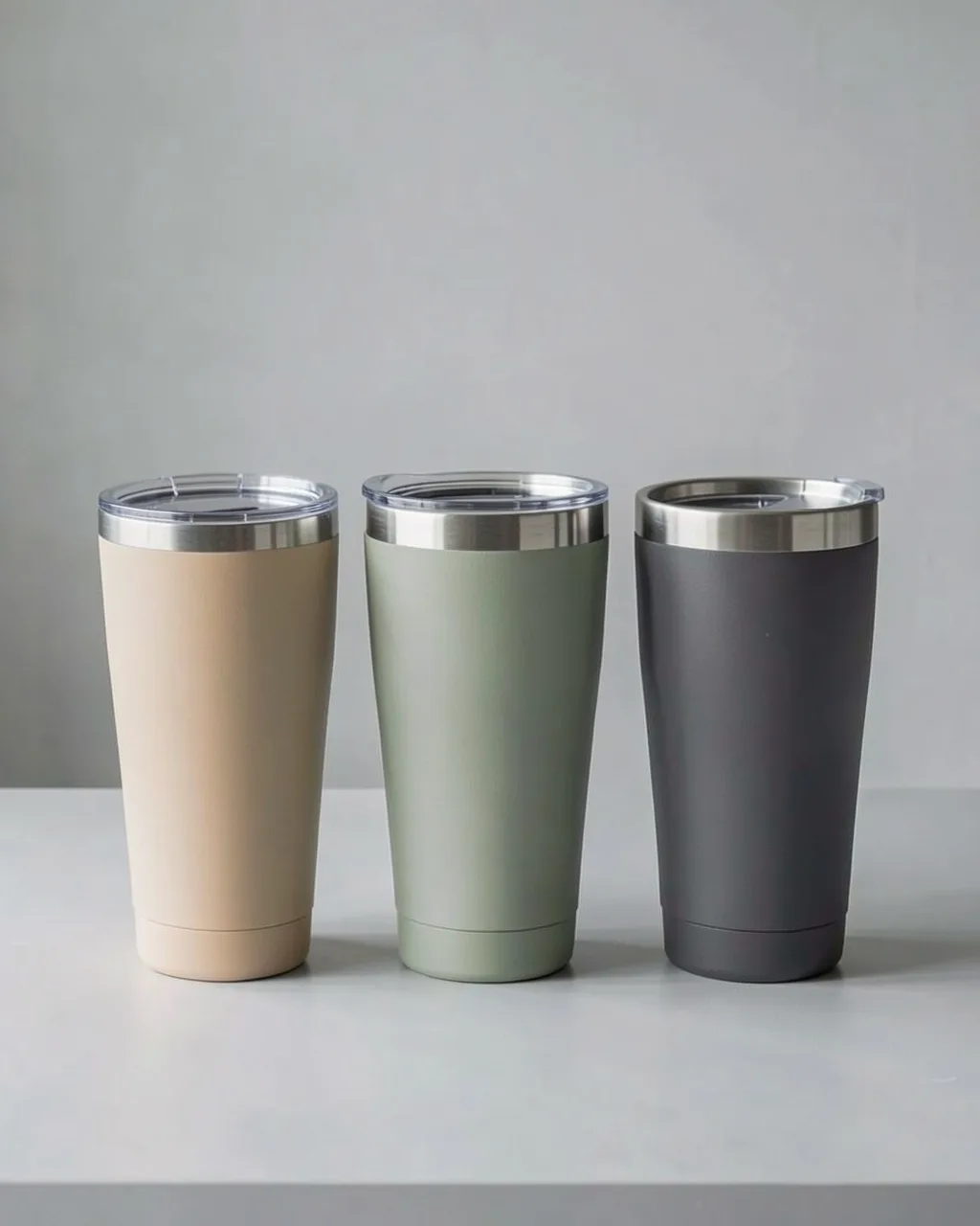 Three travel tumblers in sand, sage and charcoal on a pale grey table
