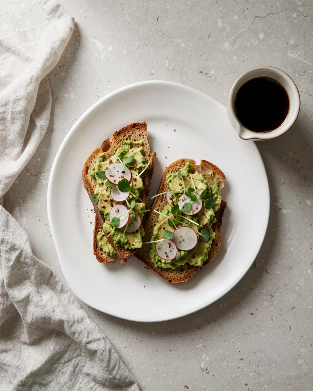 Two slices of sourdough with avocado, radish and pea shoots