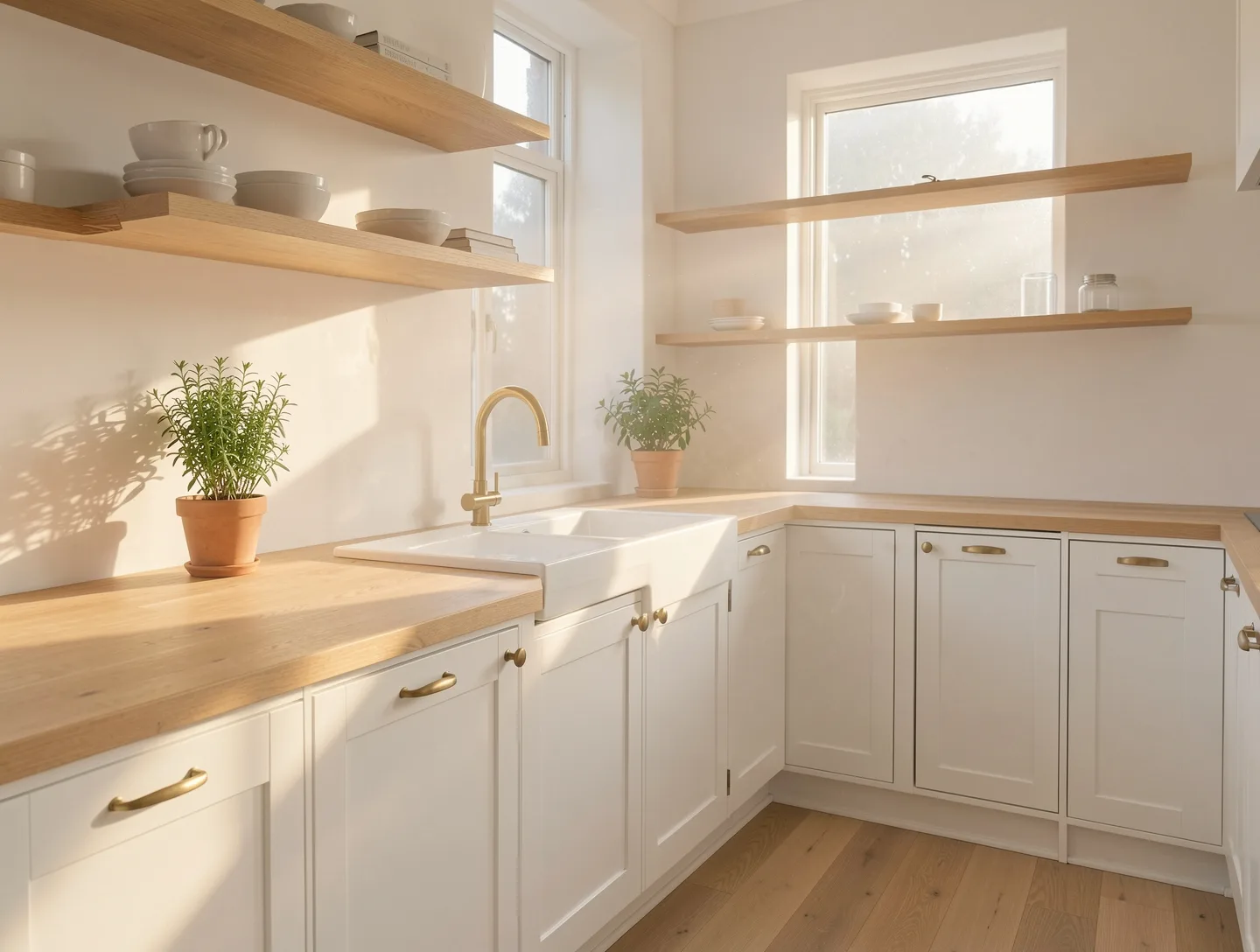 A kitchen with new oak shelves, brass handles and rehung cabinet doors