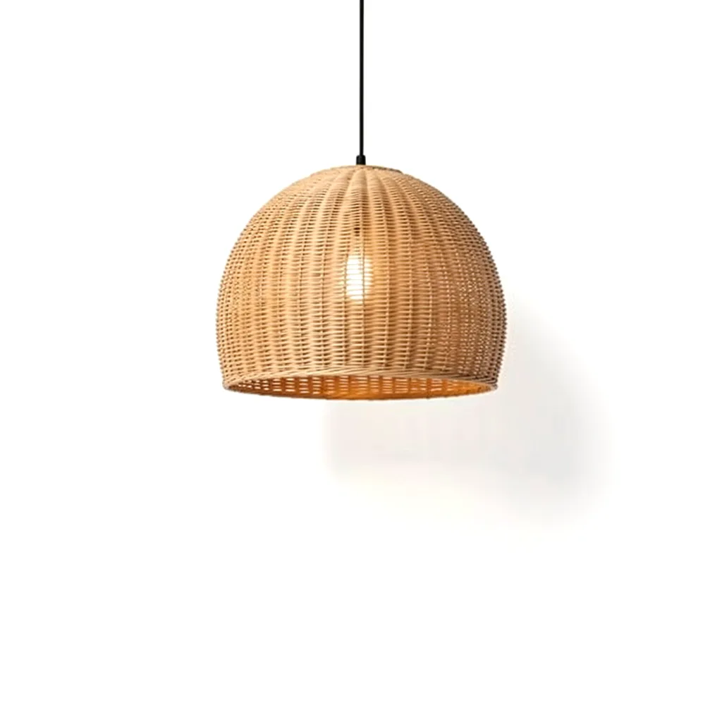 A woven rattan dome pendant on a black cord