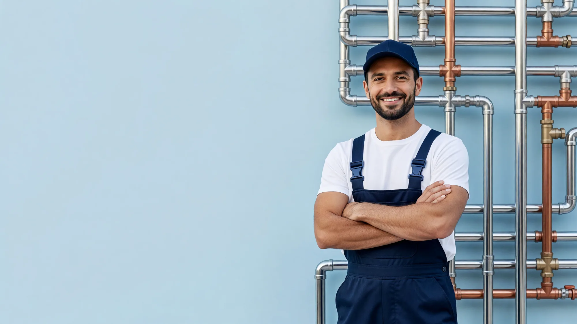 A smiling plumber in a navy cap and overalls, arms crossed, in front of chrome and copper pipes