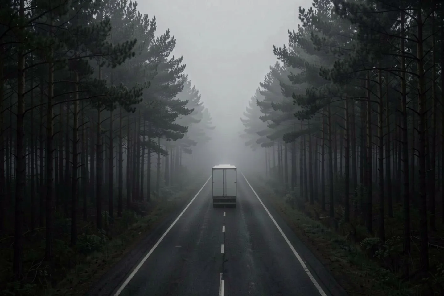 A truck on a forest road in the fog
