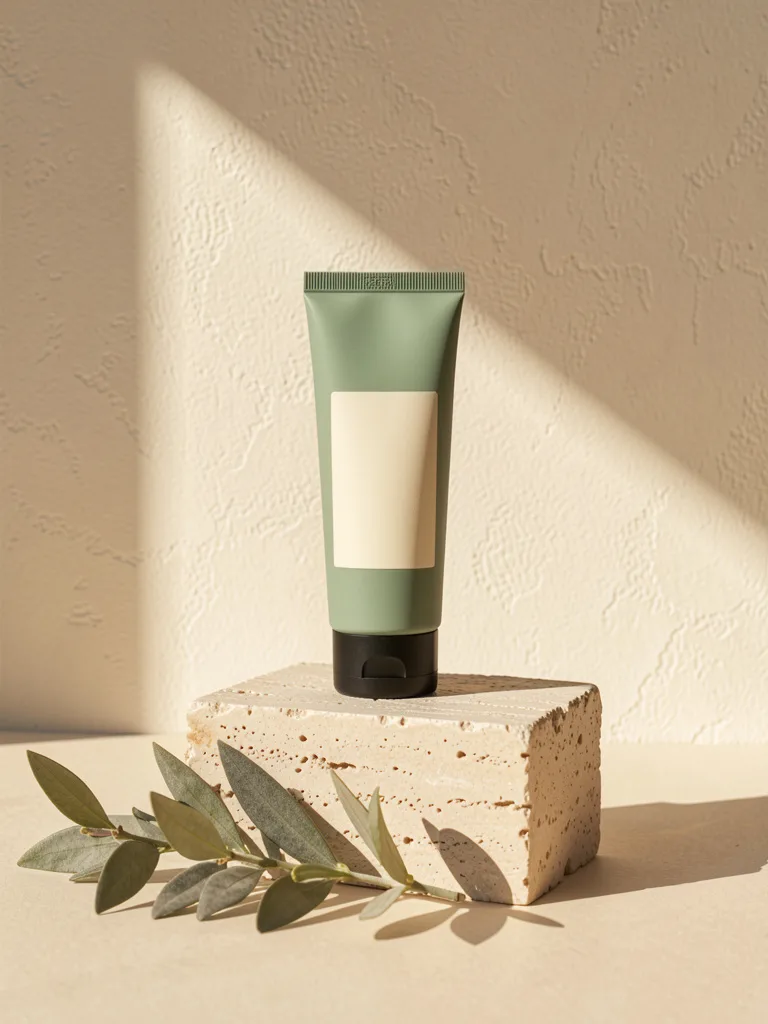 The oat cleansing gel in a sage green tube on a stone block