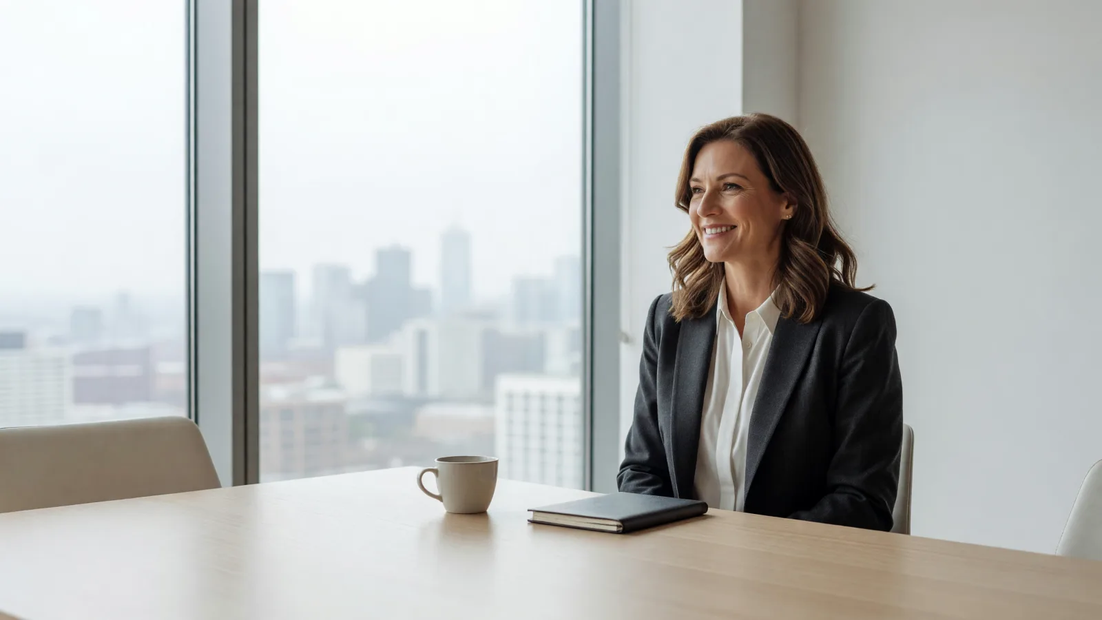 A partner in conversation at a meeting table by the windows