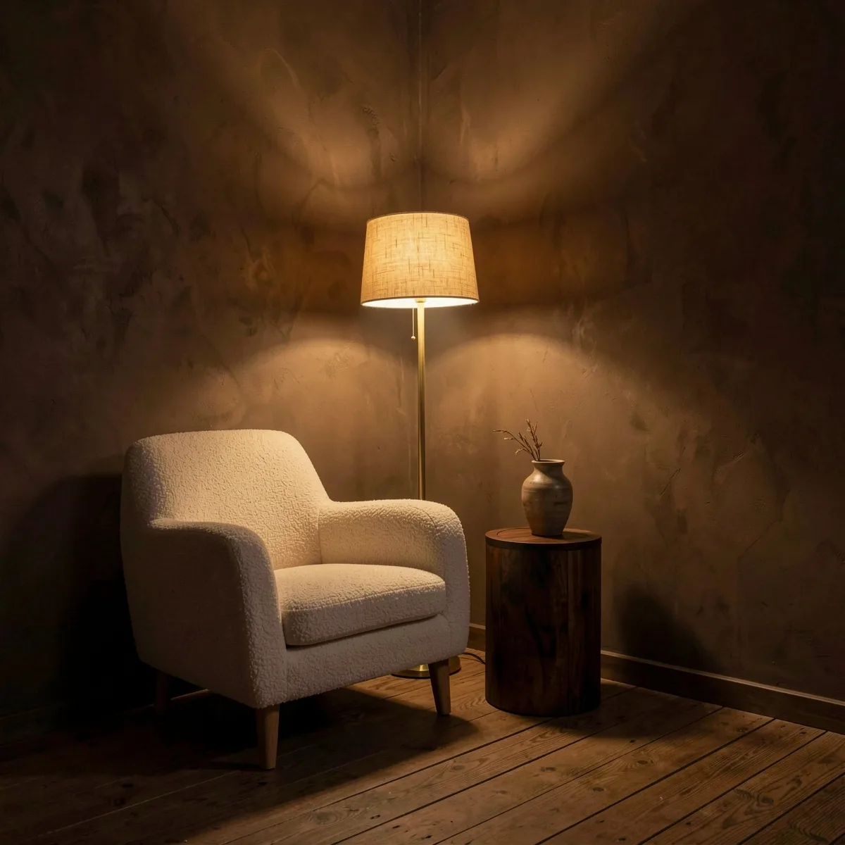An ivory bouclé chair beside a lit brass floor lamp and a walnut side table