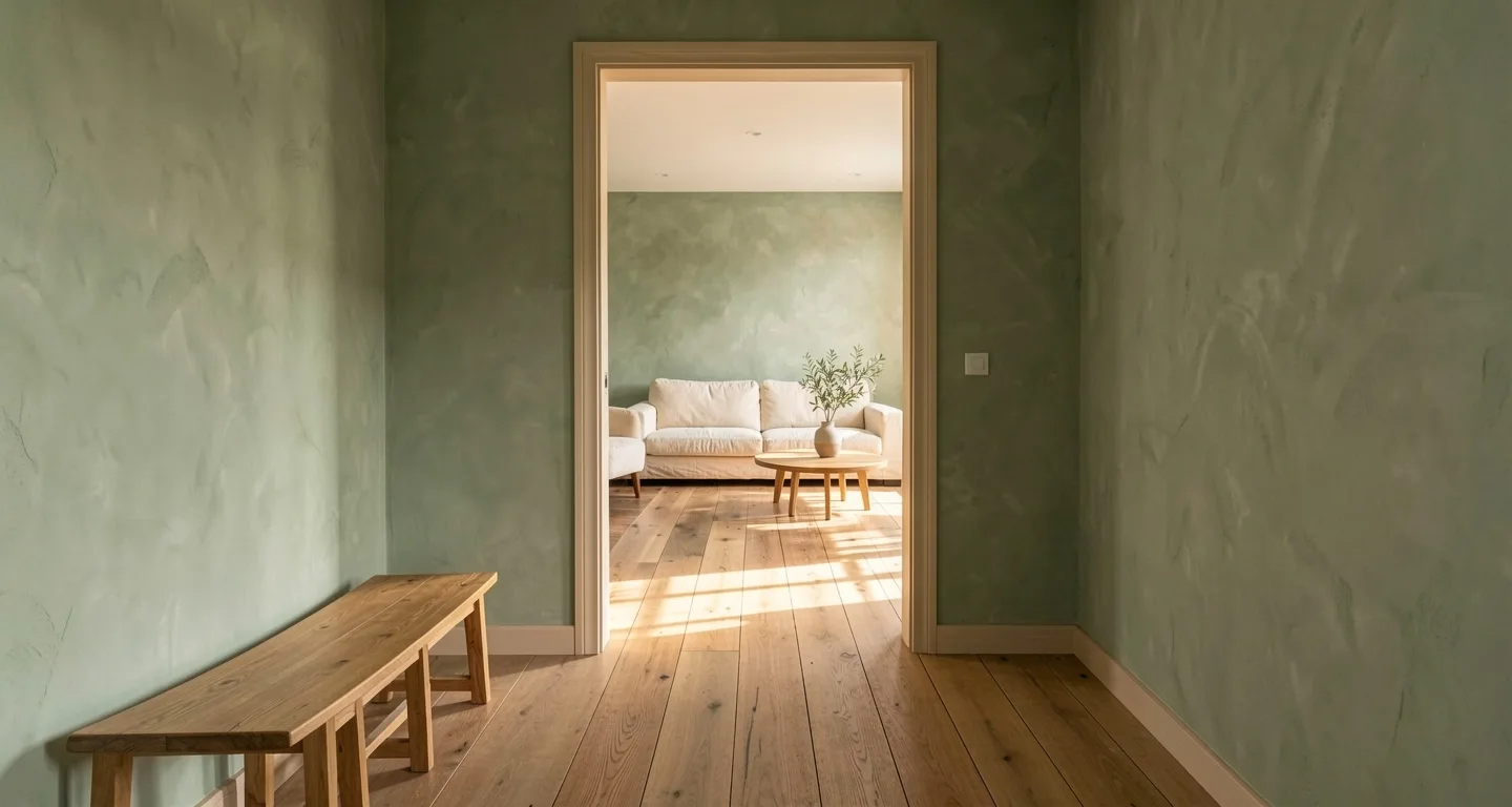 A sage hallway with an oak bench, looking through a doorway into a sunlit living room