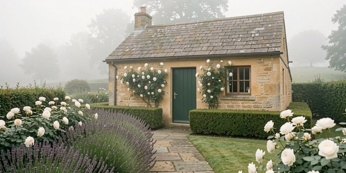 The studio: a small stone building with a green door and white roses on its walls