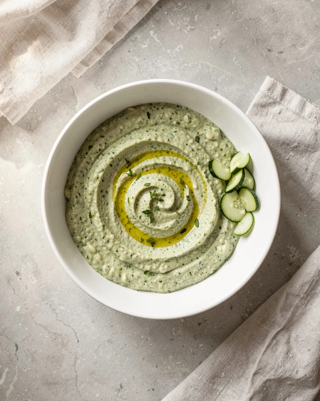 A white bowl of green spinach and white bean dip with cucumber
