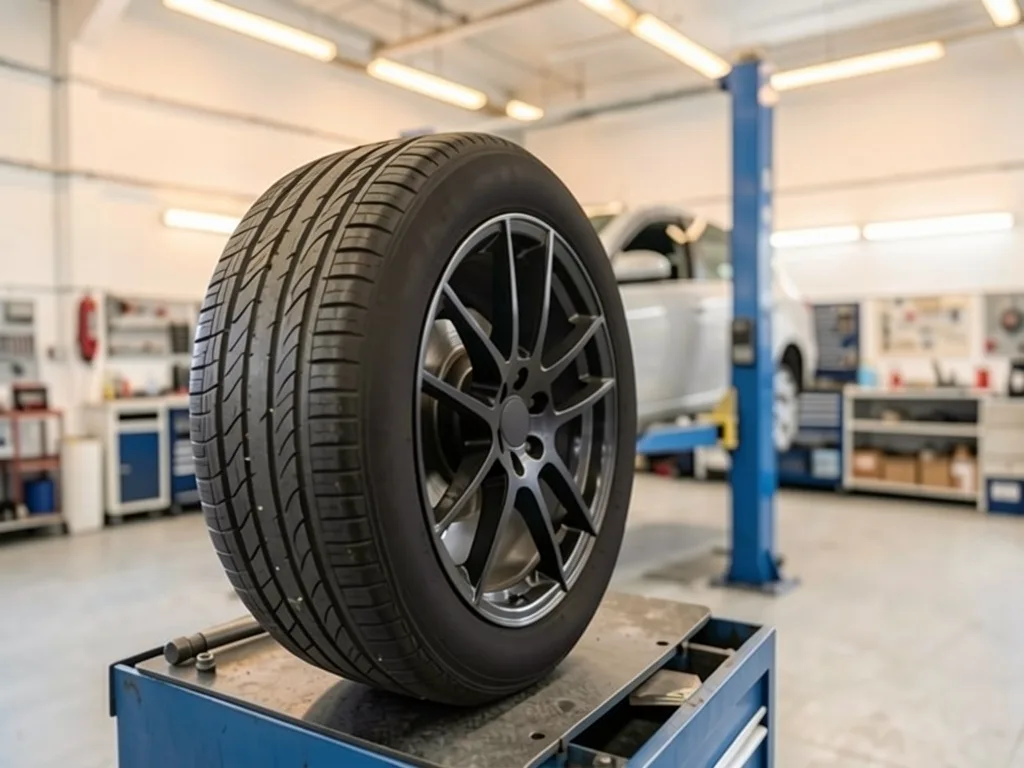 A tire on an alloy wheel on the balancing machine
