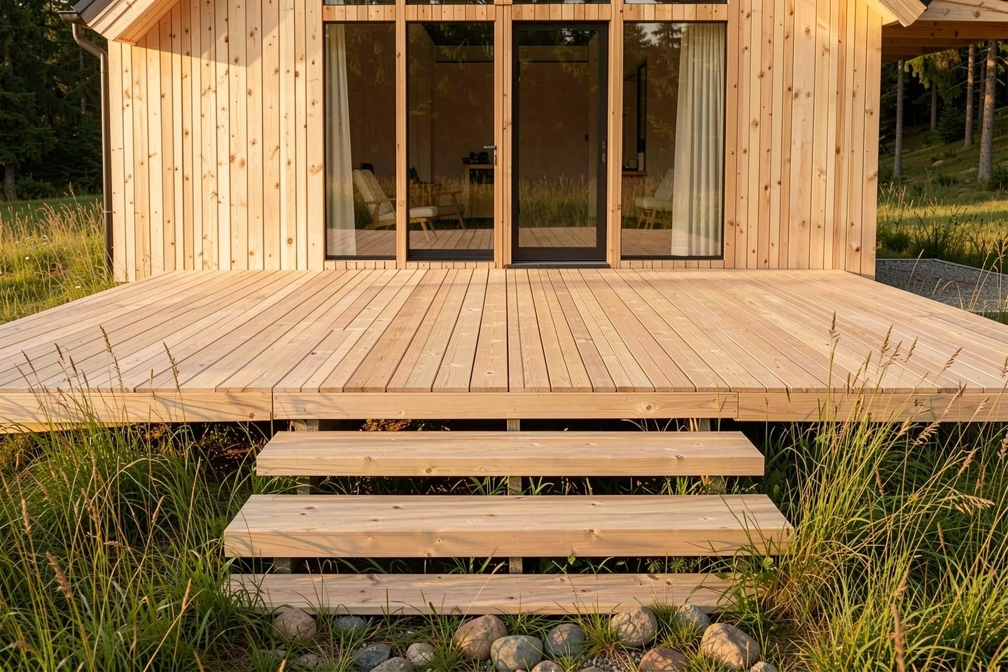 A larch deck with three wide steps down into the grass