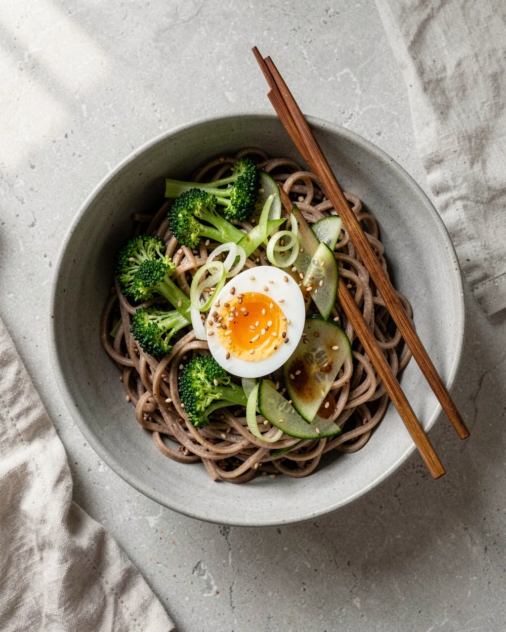 Buckwheat noodles with broccoli, cucumber and a halved egg