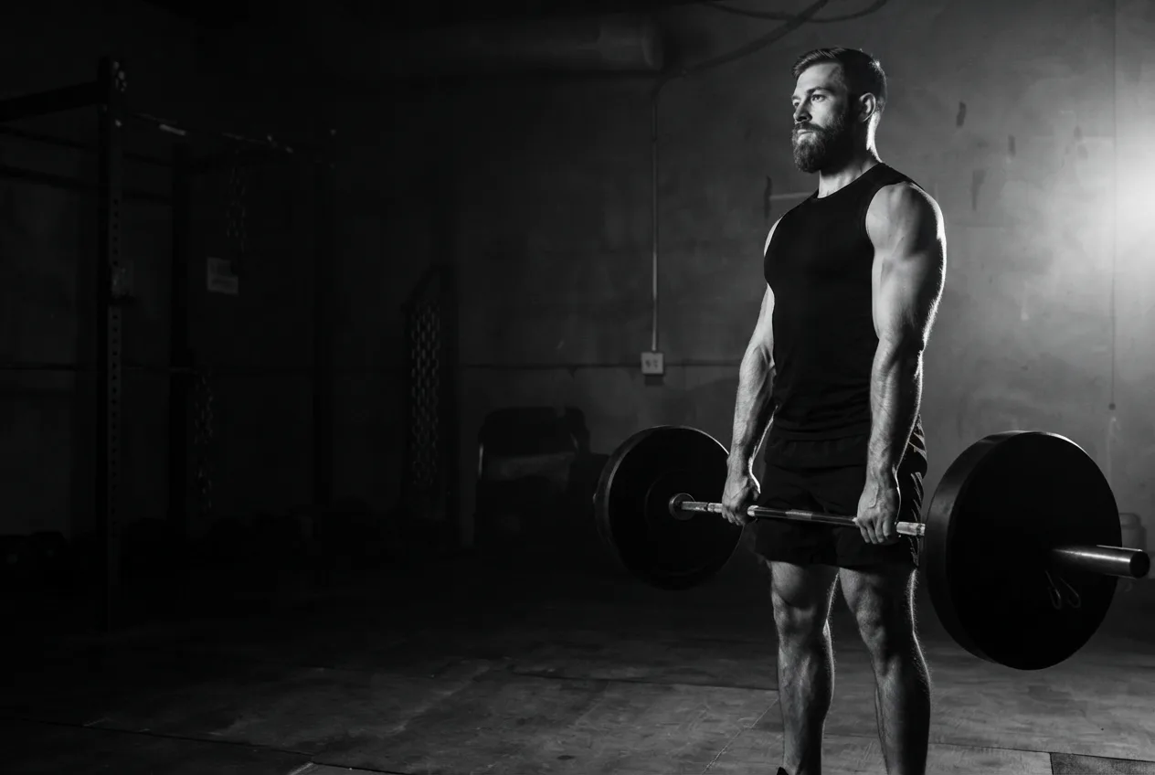Theo standing tall at the top of a deadlift in the studio