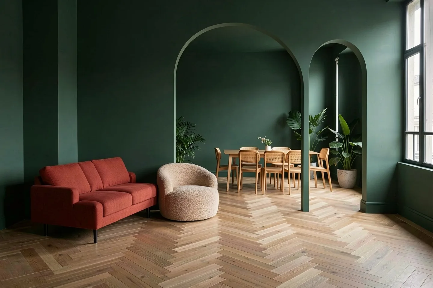 The showroom: a rust sofa, a cream armchair and a dining table through an arch
