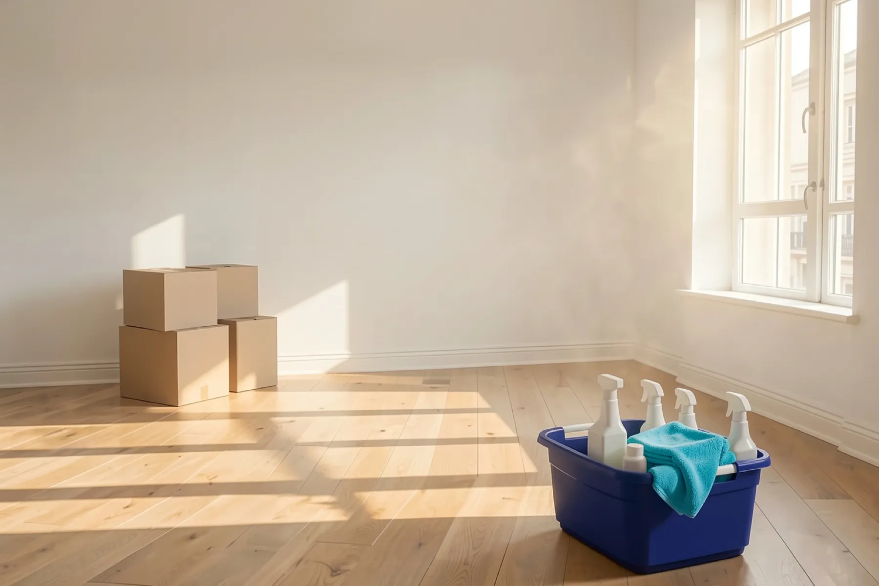 An empty sunlit room with moving boxes stacked by the wall