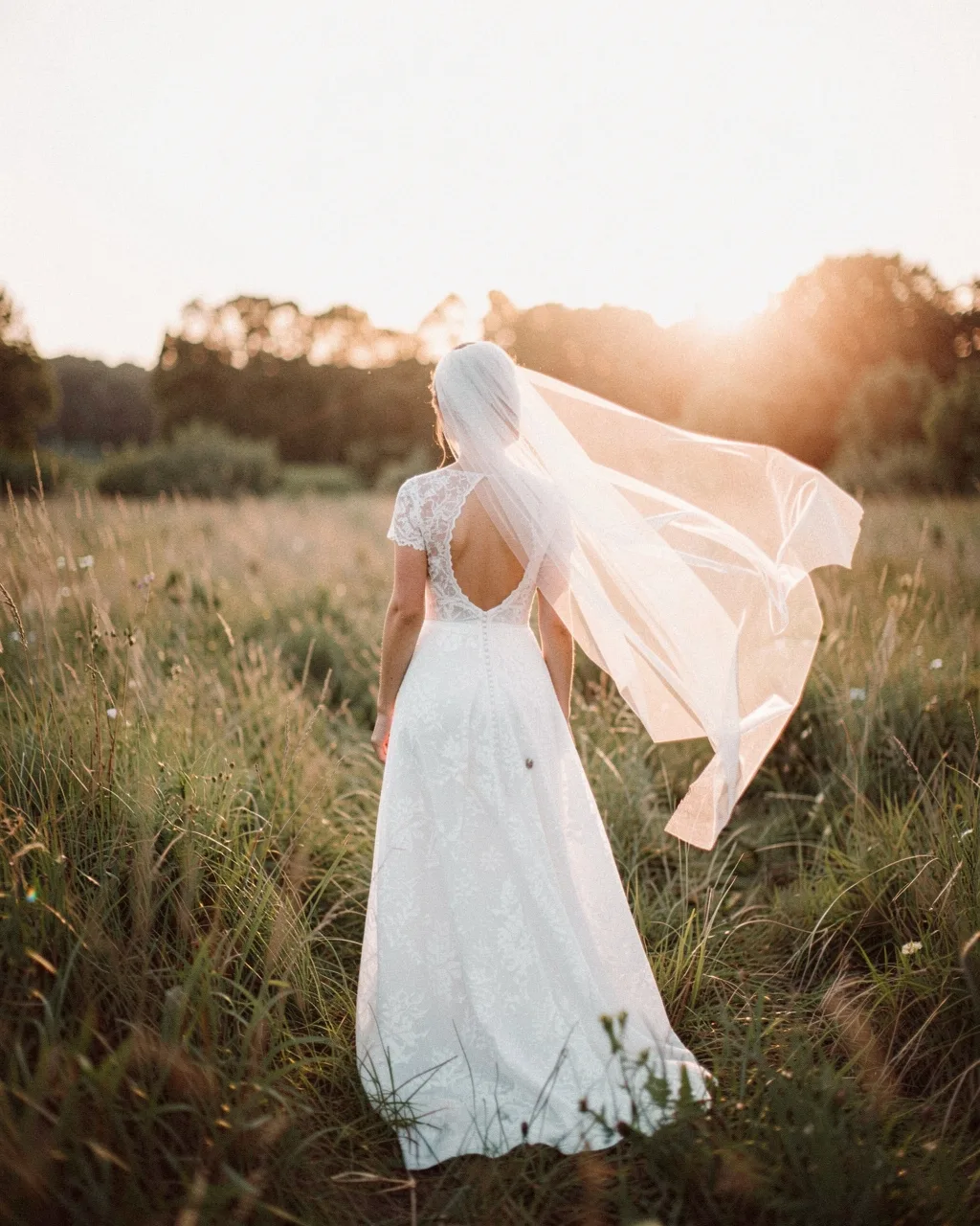 A bride seen from behind, her veil lifted by the wind