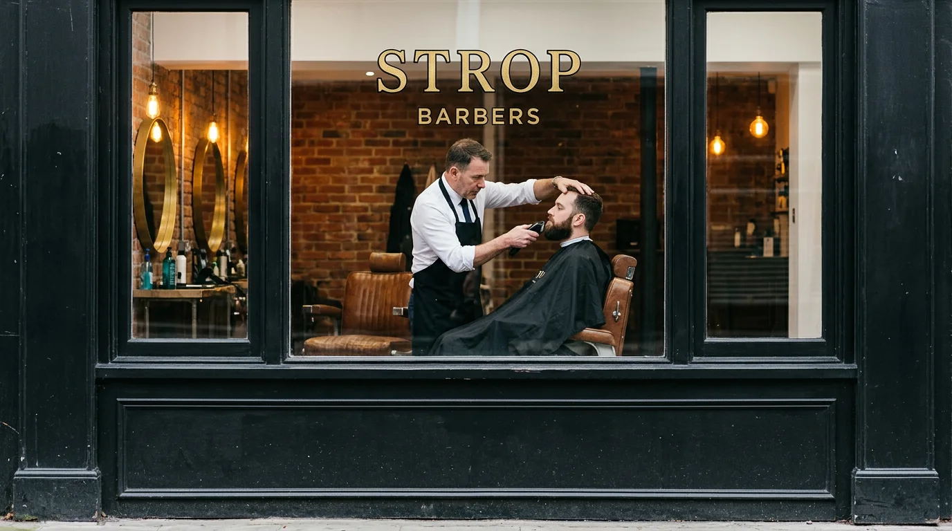 The shop from the street: Strop in gold leaf on the window and a barber trimming a client's beard inside