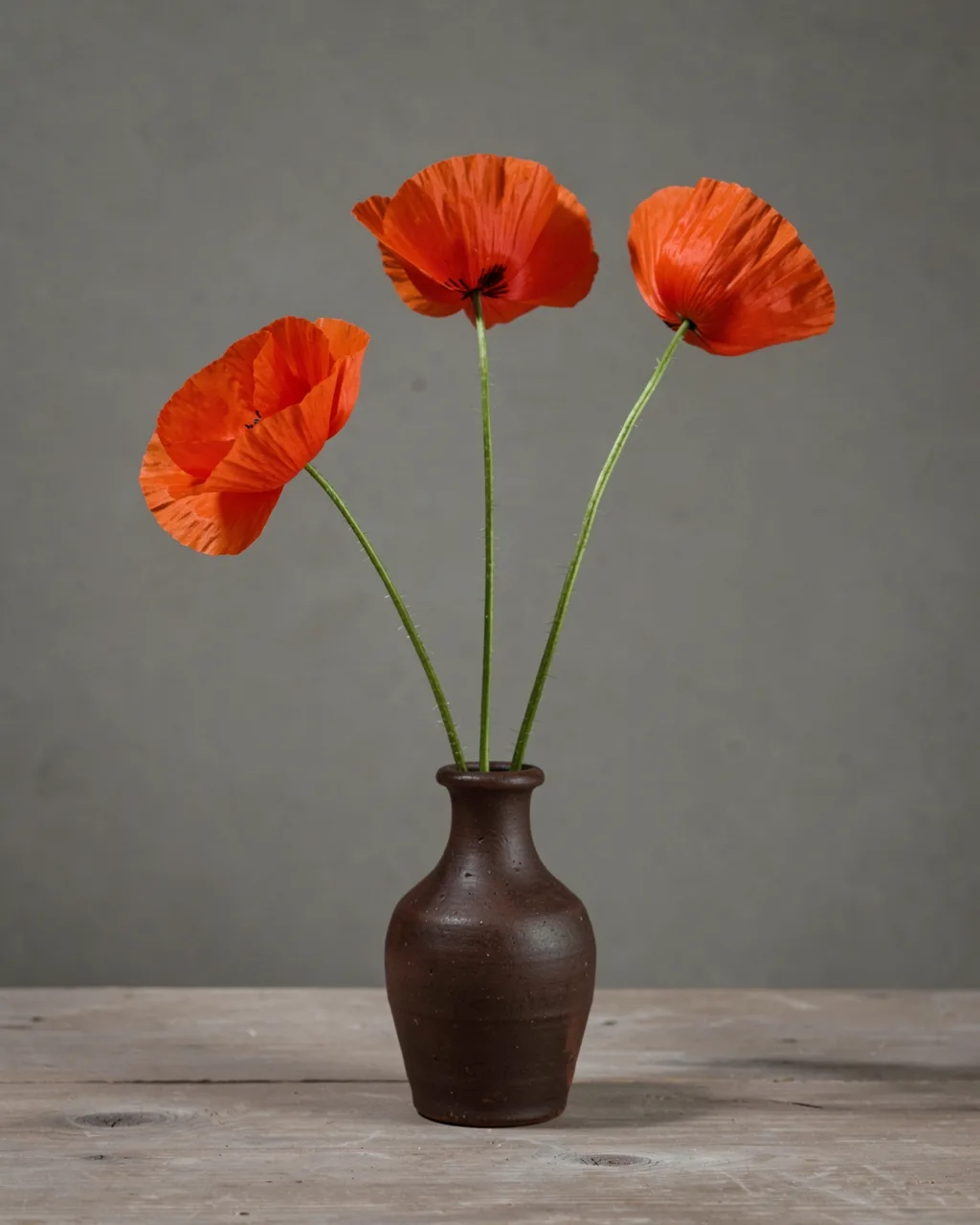 Three red poppies in a brown stoneware vase against a grey wall