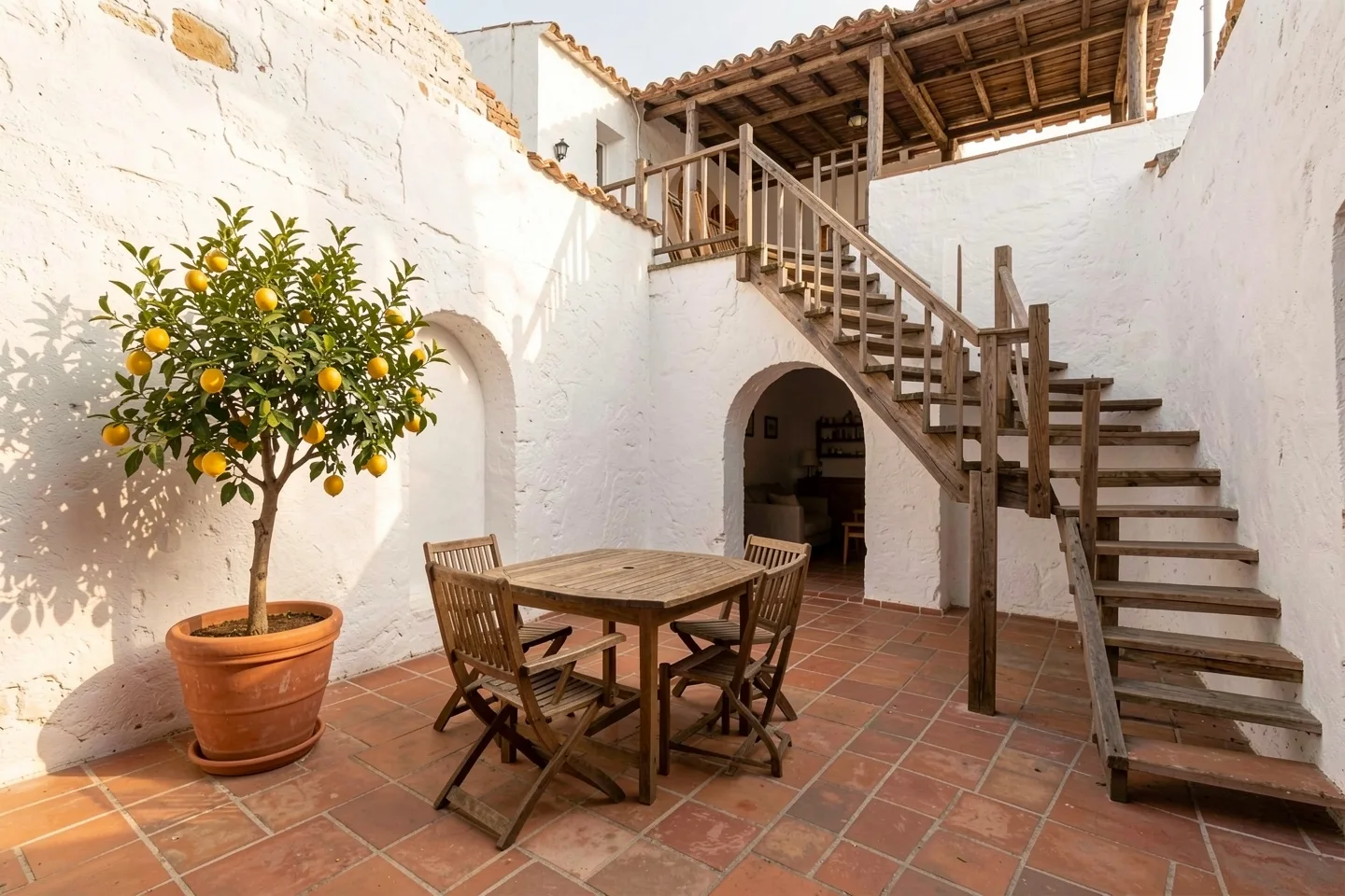 The patio of a restored village house with a lemon tree in a clay pot