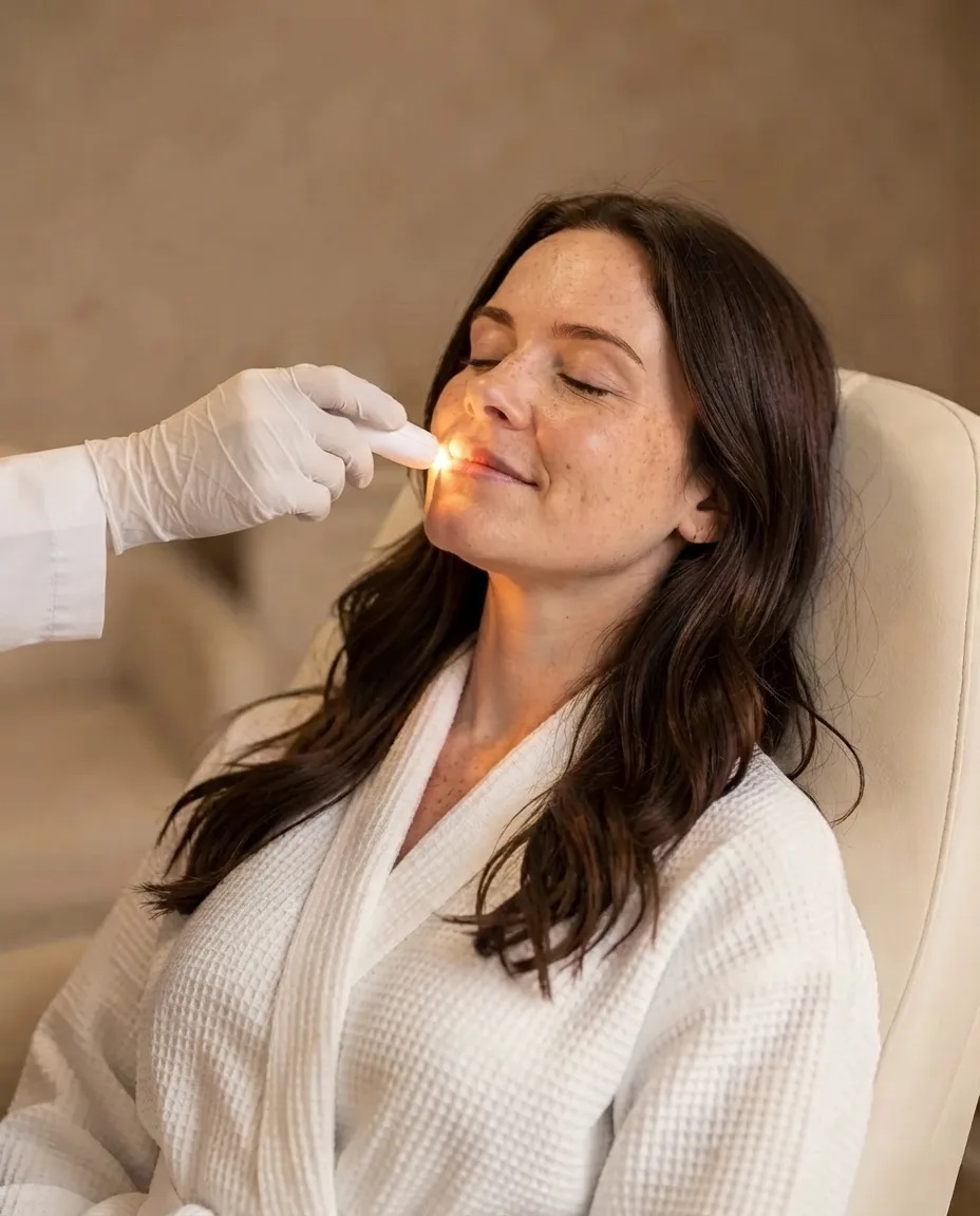A laser handpiece held near a patient's face