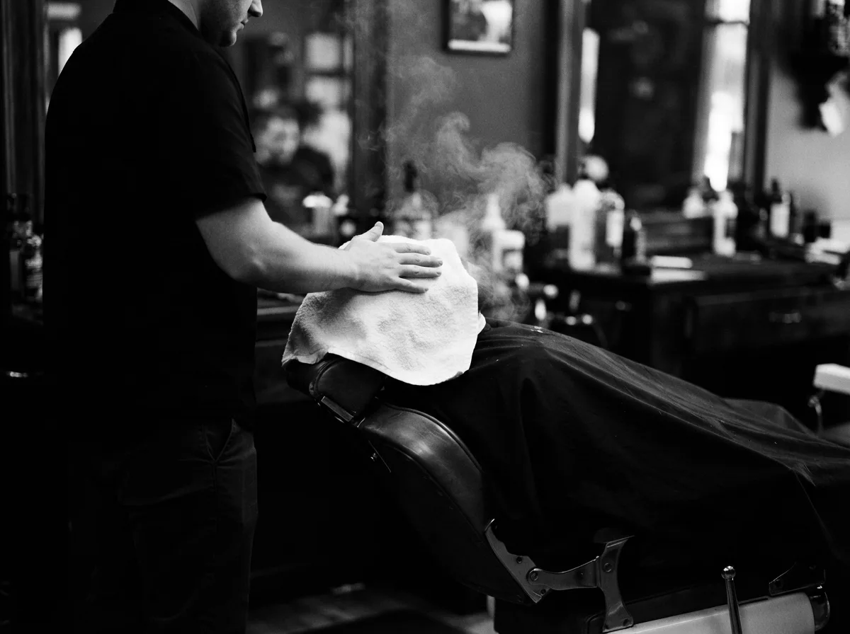 A steaming hot towel over a reclined client's face