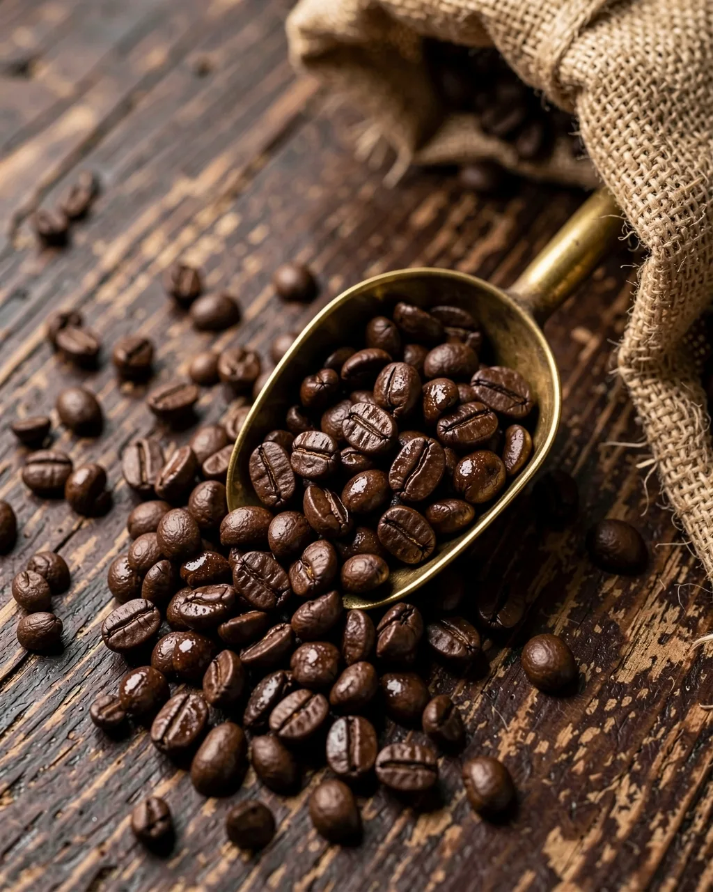 A brass scoop of freshly roasted beans on a dark wooden table