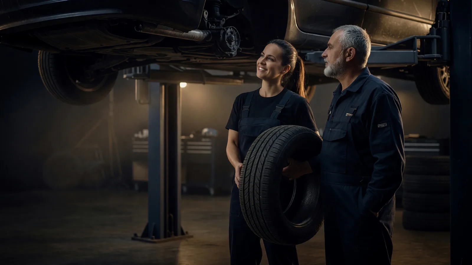Two mechanics in the workshop, one holding a tire
