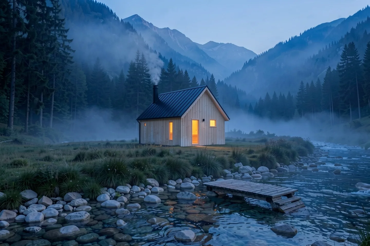 The sauna hut on the riverbank at dusk, smoke from its chimney
