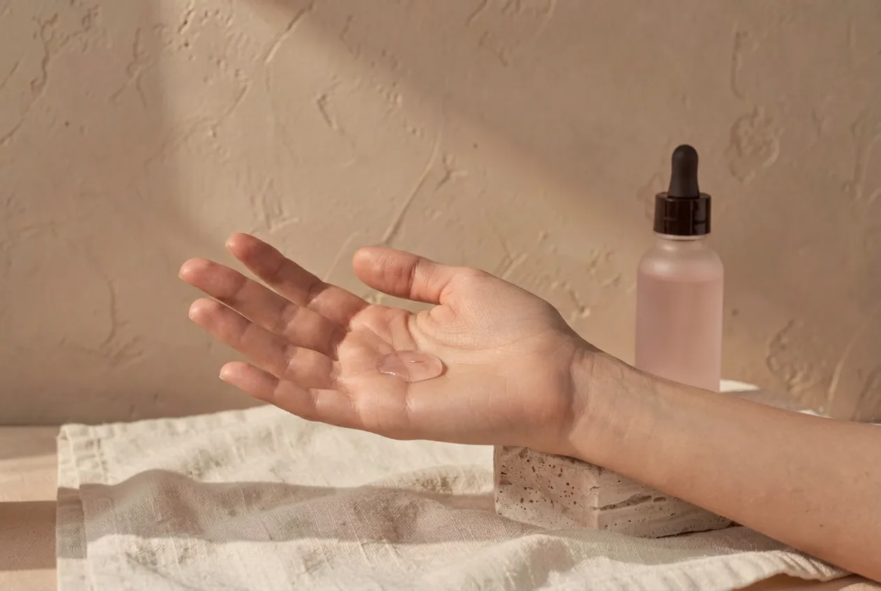 A drop of pink serum in an open palm
