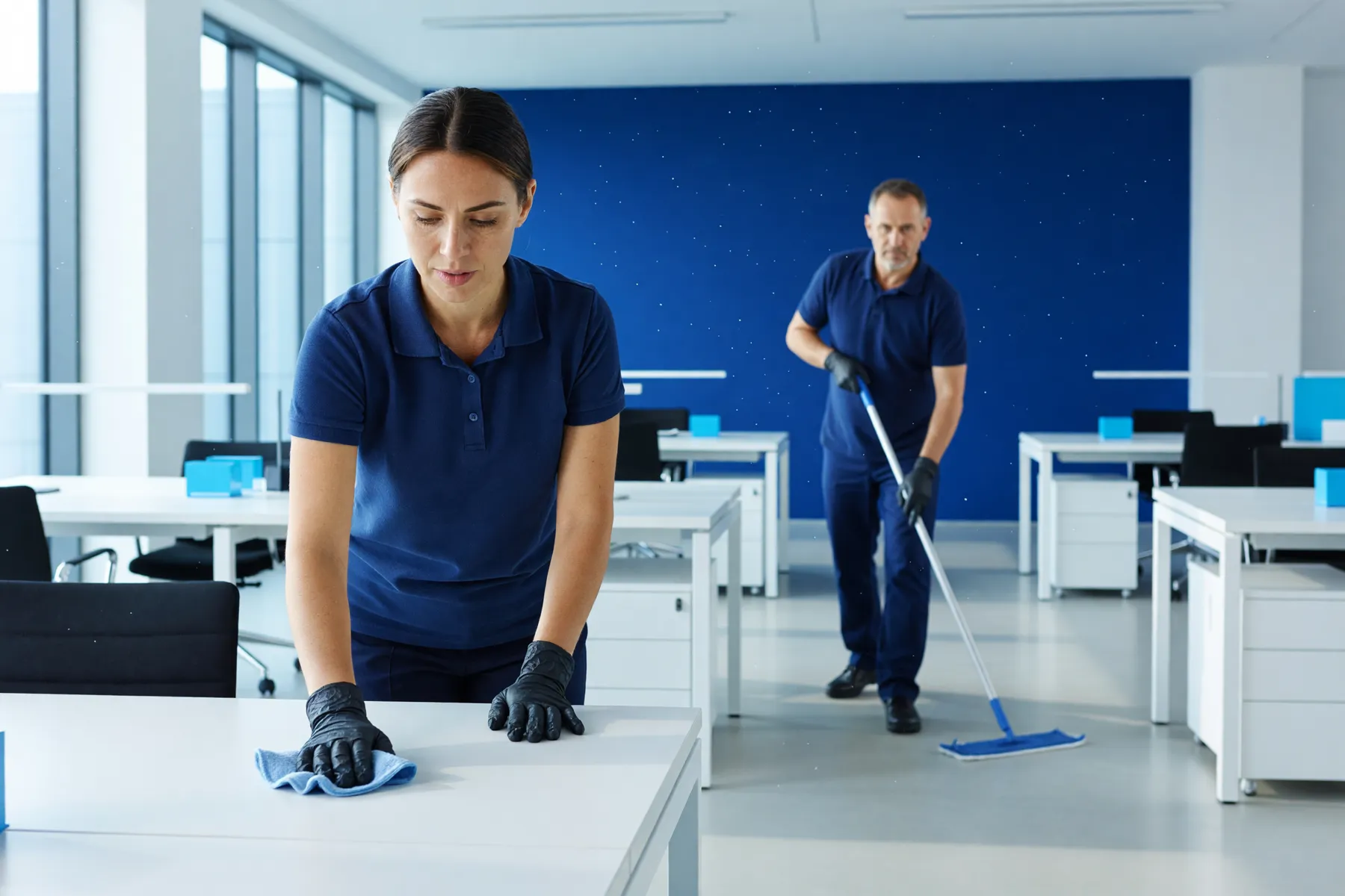 Two cleaners in navy polo shirts wiping desks and mopping in a bright office