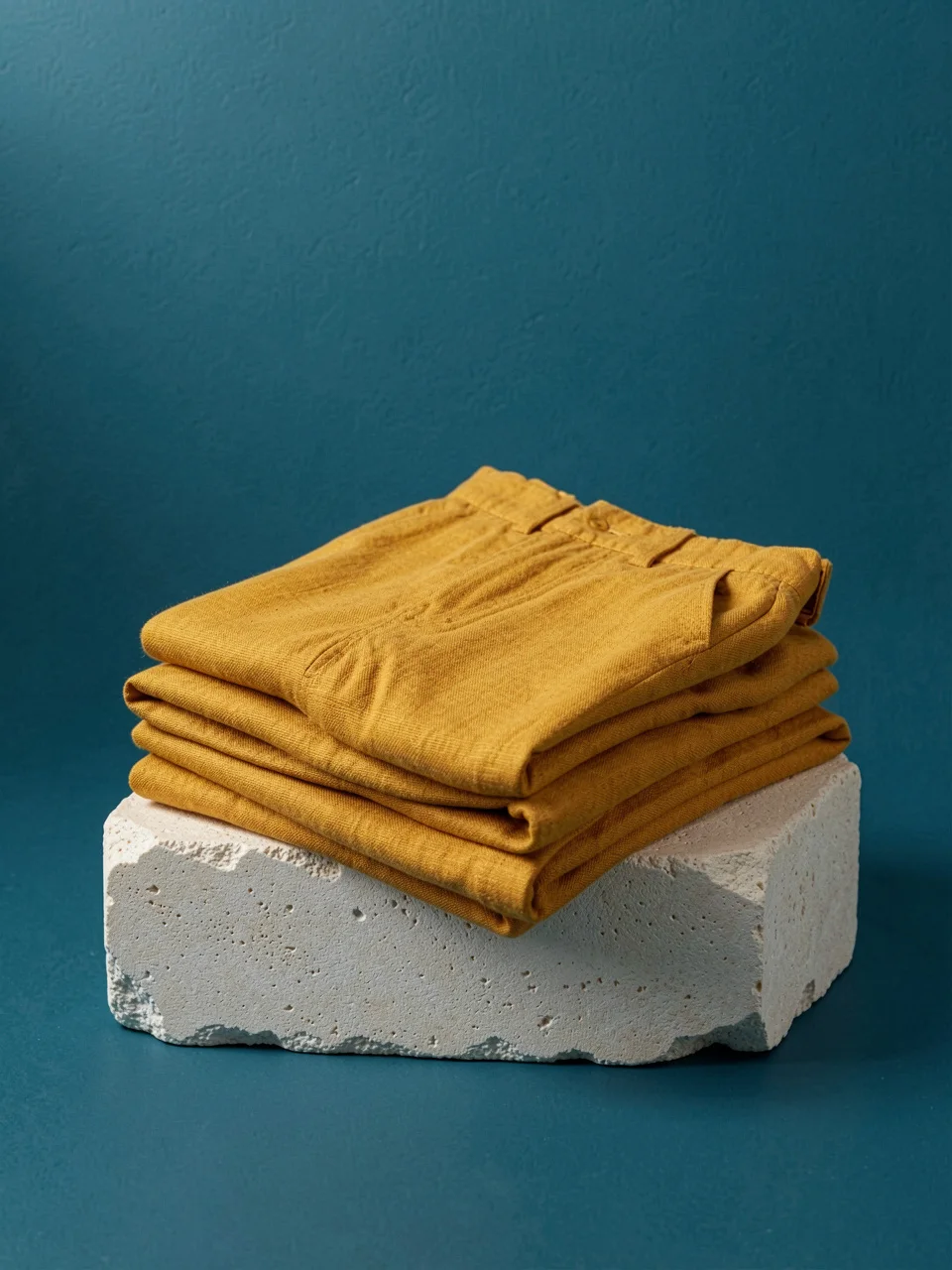 Ochre linen shorts folded on a stone block