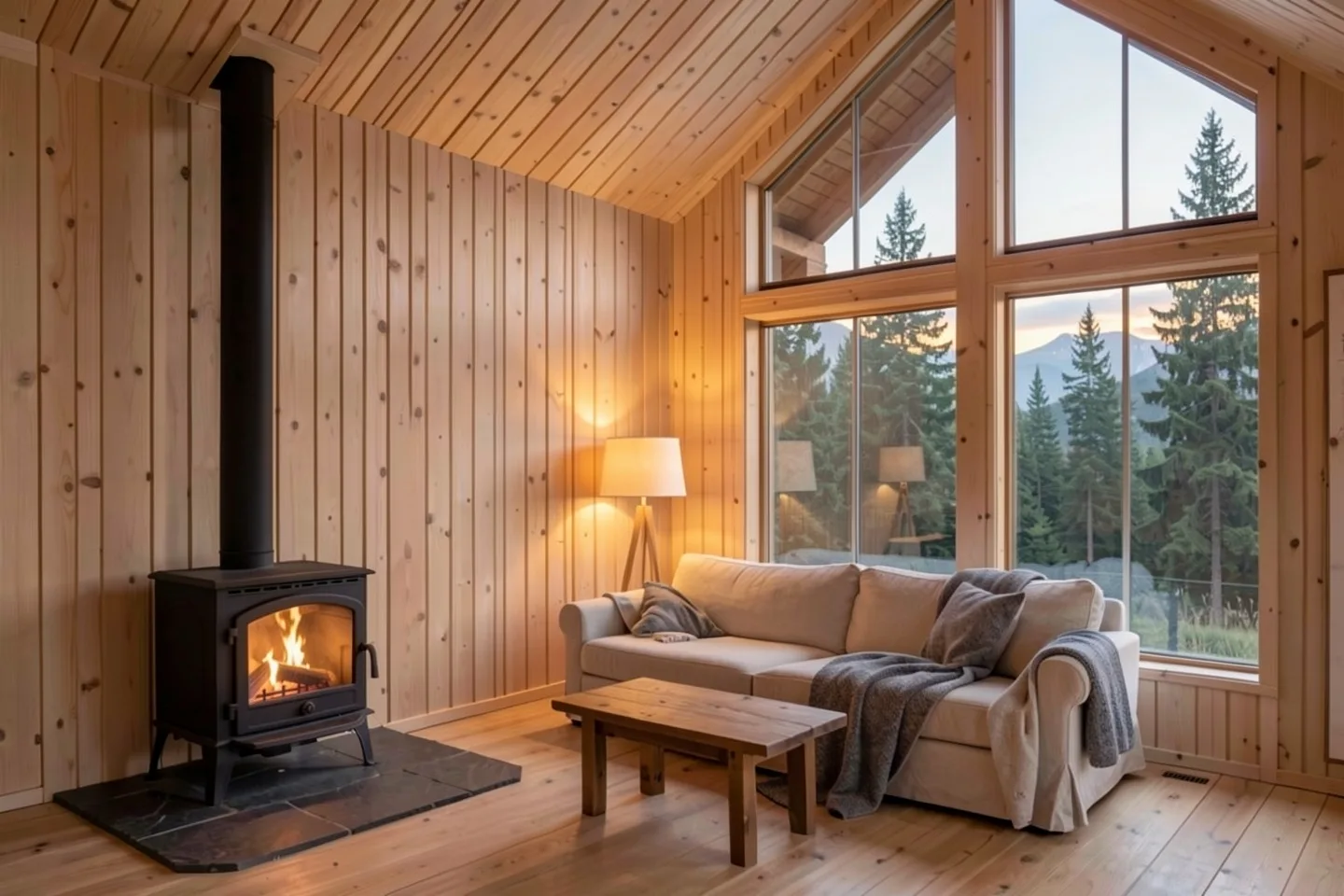 Bukev's living room, a wood stove burning and a sofa under the gable window