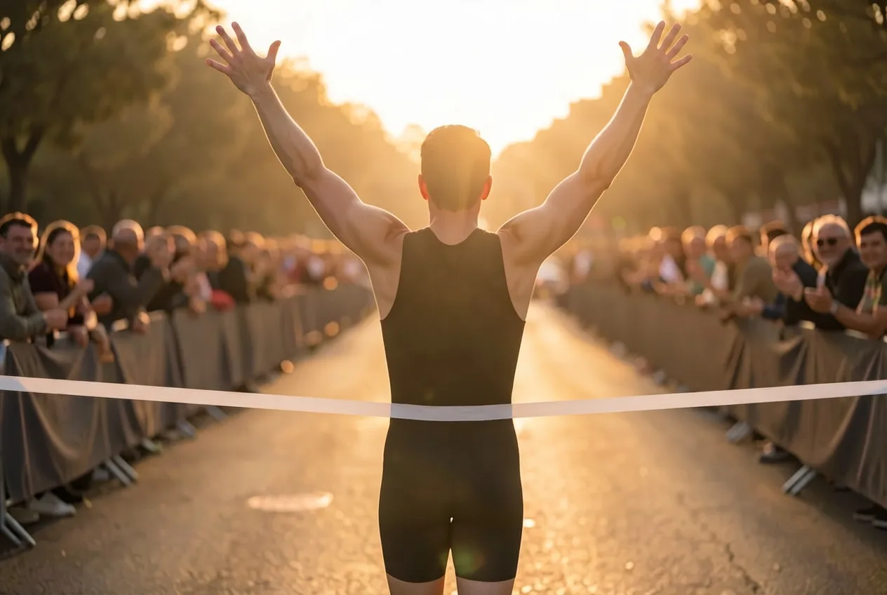 A triathlete with both arms up at the finish tape at sunset