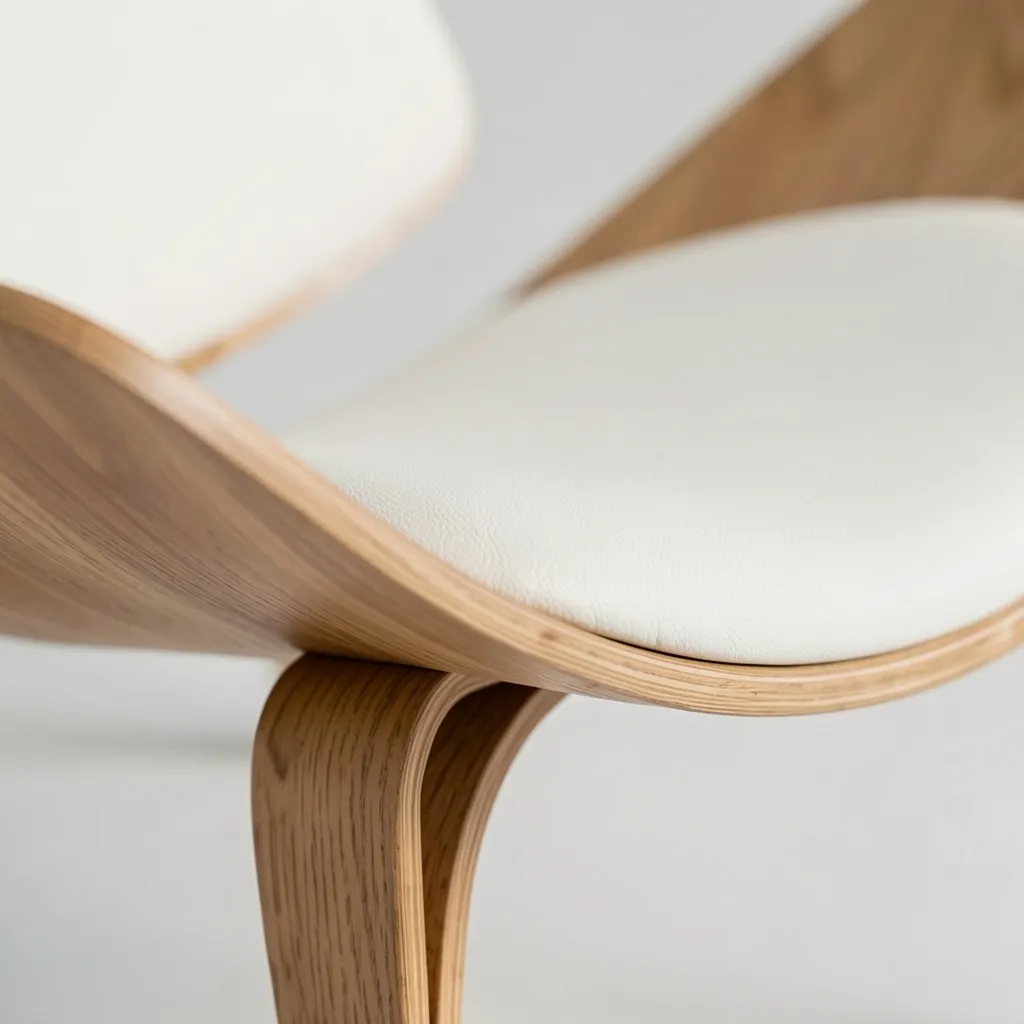 The white leather seat meeting the oak shell, up close