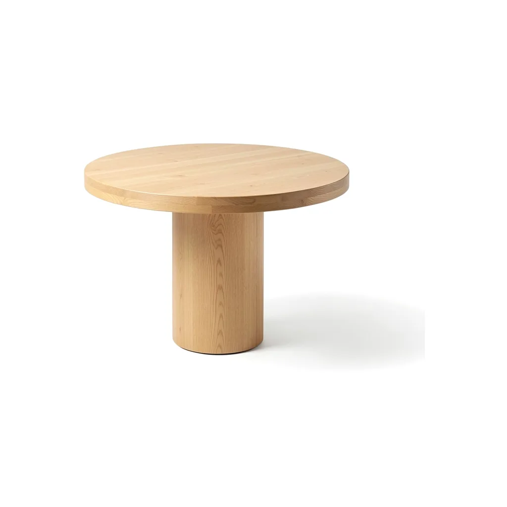 A round oak dining table on one wide pedestal
