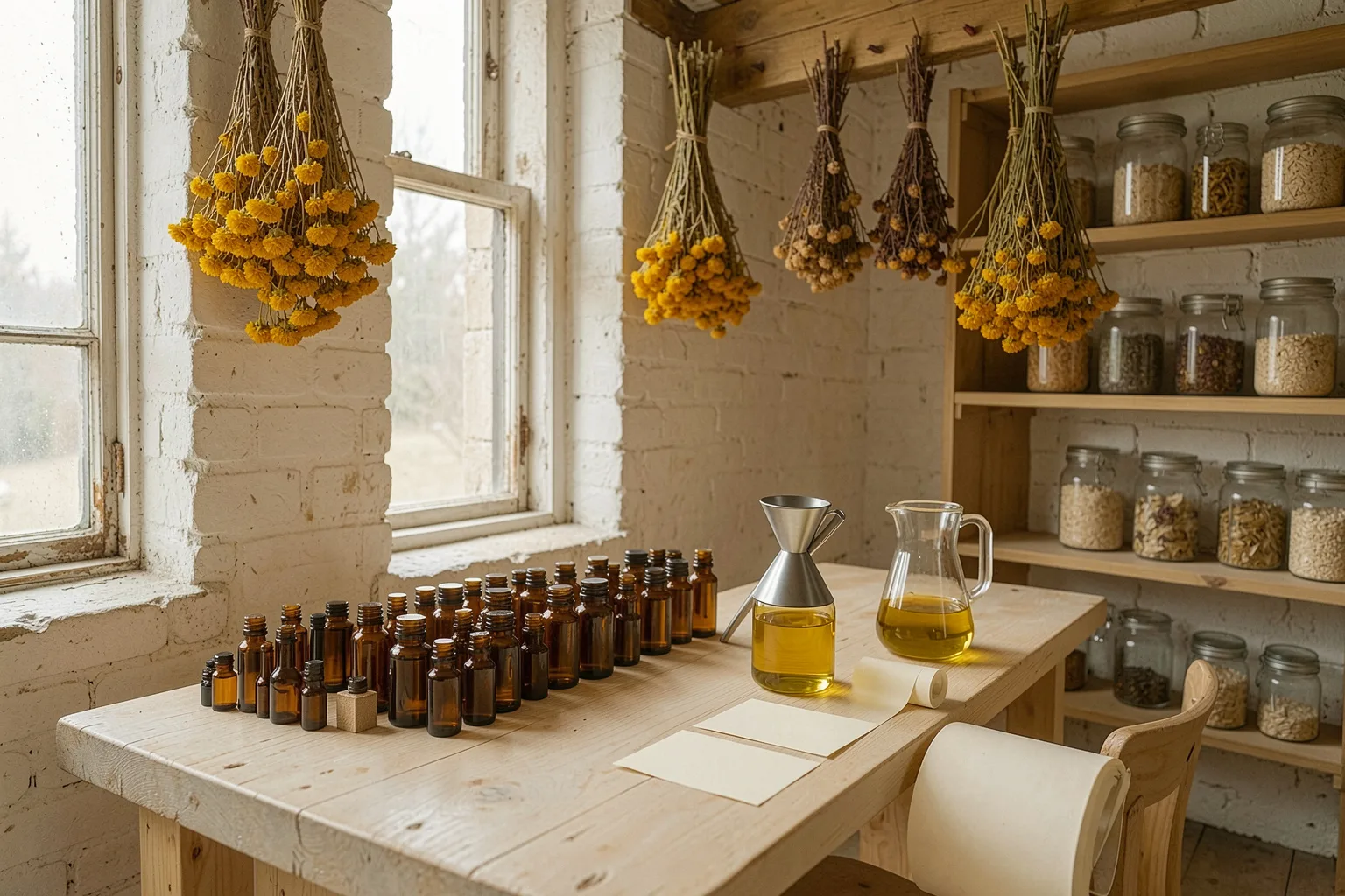 The workbench in our studio with bottles waiting to be filled
