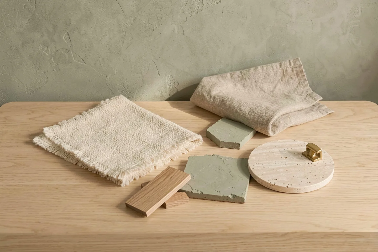 Samples of boucle, linen, sage plaster, oak and travertine on an oak table