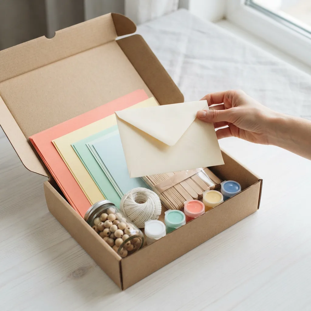 An open kit box with card, beads, paint and four envelopes