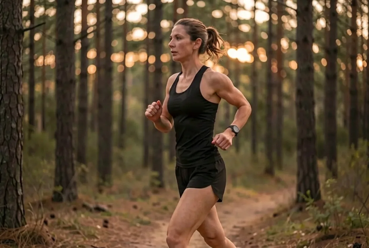 A runner on a forest trail in low evening sun