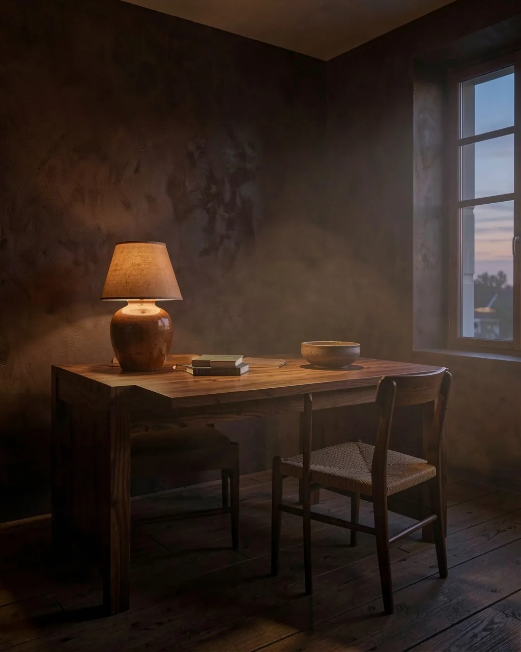 A walnut desk with a lit stoneware lamp, in a dark study