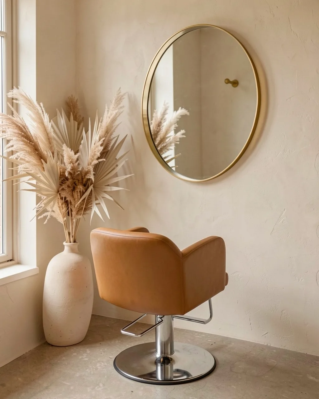 A caramel leather styling chair facing a round brass mirror