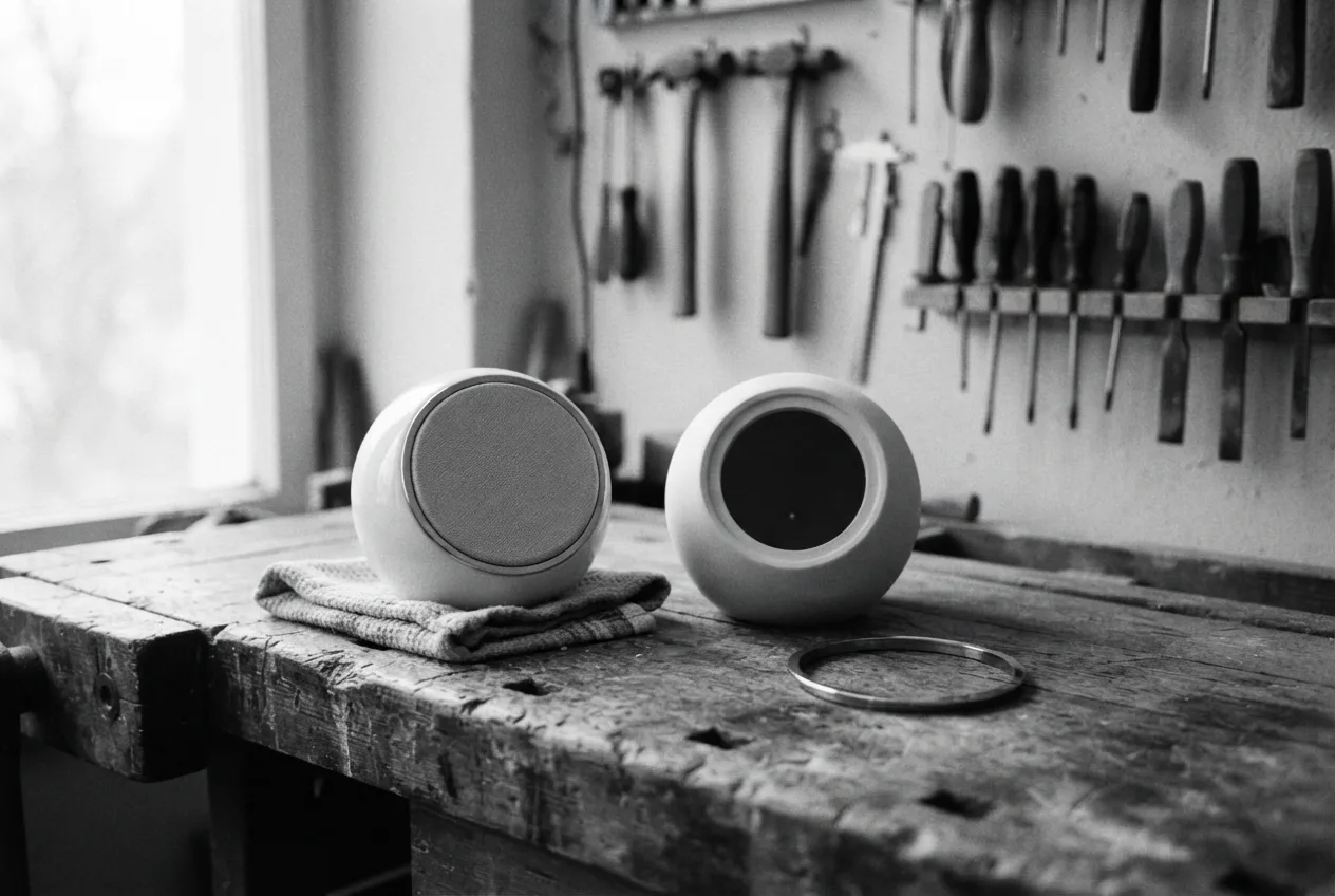 A finished One beside an unglazed shell and a loose ring on the workbench