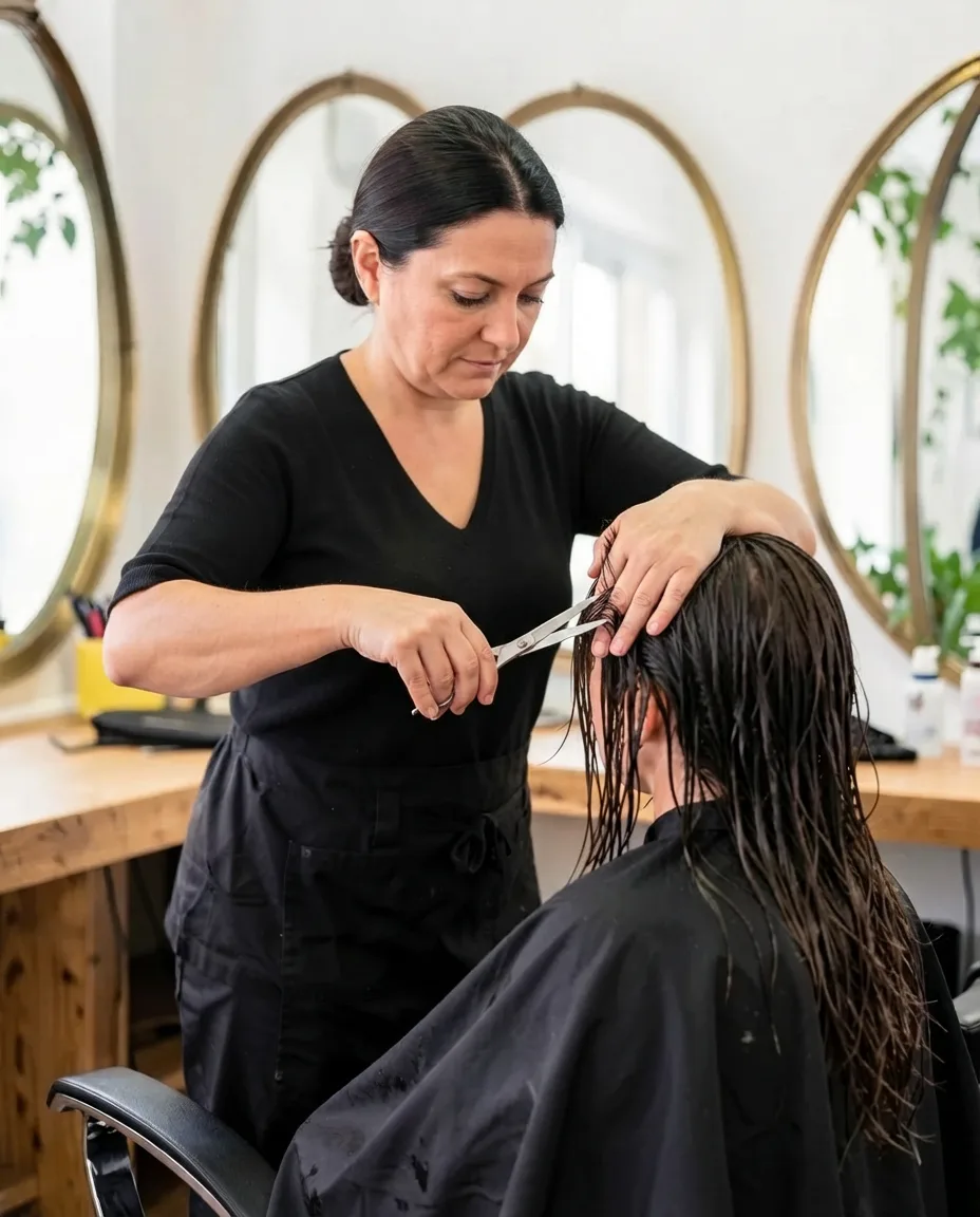 Claire cutting a client's hair