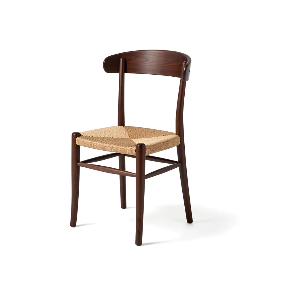 A walnut dining chair with a woven rush seat